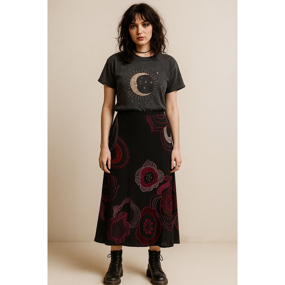 Whimsigoth Fairygrunge Gothic Y2K‎ Retro Black Floral Beaded Artsy Midi M Skirt
